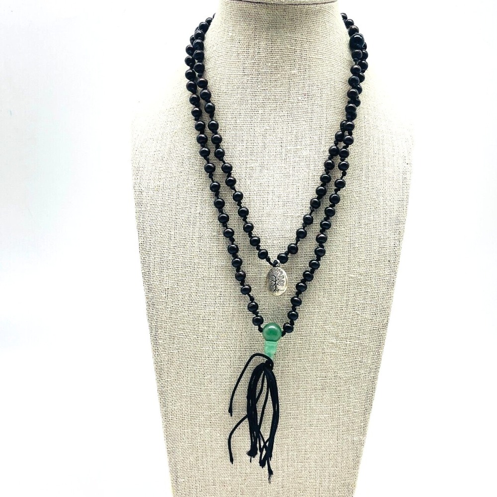 Vintage Black Beaded Necklace Tassel Pendant Boho Long Layered Statement